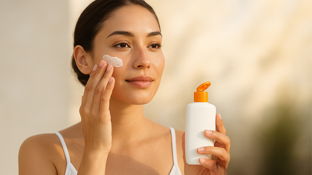 Mujer aplicando protector solar facial en verano, con piel sana y luminosa, en entorno neutro y luz natural.