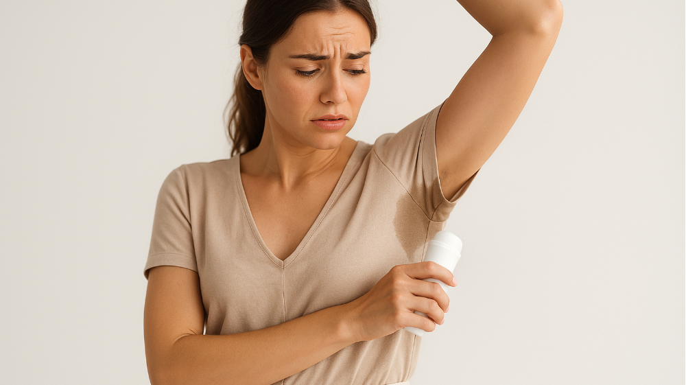 Mujer preocupada por sudoración excesiva en verano, en entorno limpio y neutro.