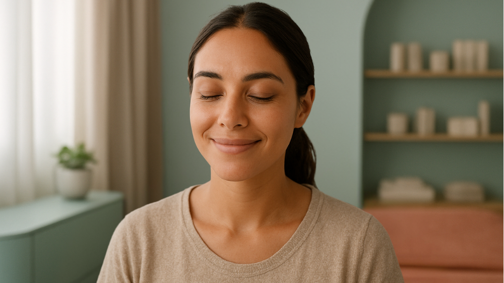 Mujer sonriente con mirada luminosa tras tratamiento para ojeras en clínica estética.