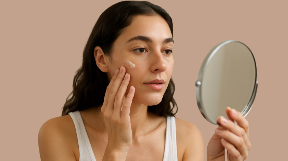 Mujer cuidando su piel tras vacaciones con exposición solar, en ambiente limpio y luminoso