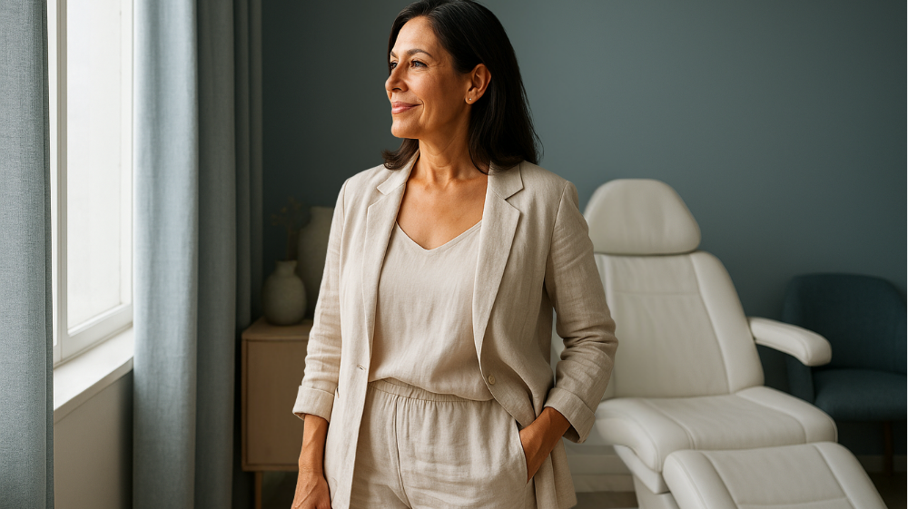 Mujer madura en entorno clínico elegante, con piel saludable tras tratamiento estético a los 45 años.