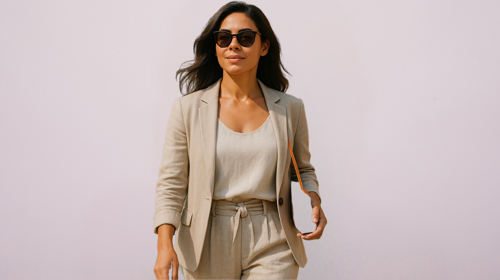 Mujer segura de sí misma caminando por la ciudad tras realizarse un tratamiento estético en clínica médica.