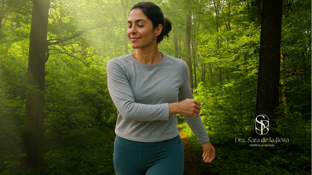 Mujer sonriente después de entrenamiento físico, con piel cuidada y sin arrugas visibles tras aplicación de bótox.